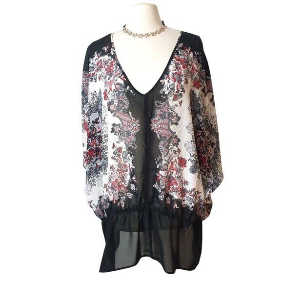 Lane Bryant Plus Chiffon Tunic 26/28 Blk Red Wht Floral Artsey Boho Chic Office - Picture 1 of 7